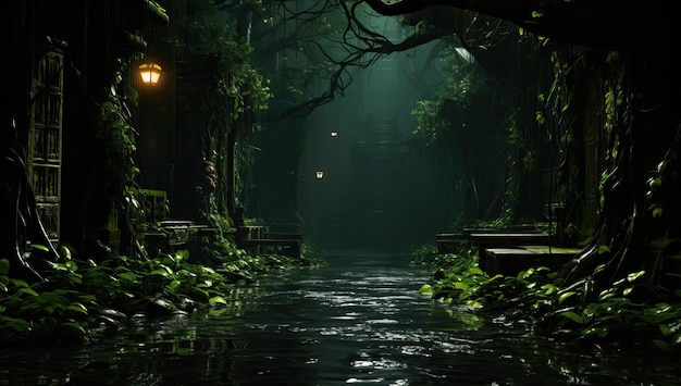 Tajemnicza ciemna uliczka w lesie deszczowym