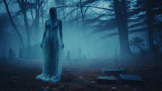 Tajemnicza kobieca silueta ducha zasłonięta w półprzezroczystej tkaninie wyłania się z mgły na starym cmentarzu