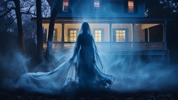 Tajemnicza kobieca sylwetka ducha zasłonięta w półprzezroczystej tkaninie wyłania się z mgły na podwórku