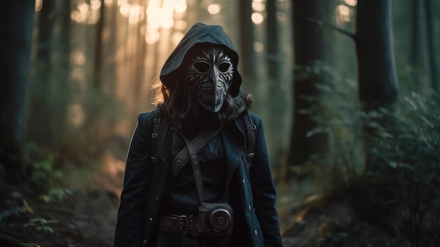 Tajemnicza kobieta ubrana w maskę dzikiego stworzenia przemierza mistyczny, mglisty las