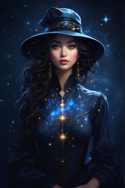 Zdjęcie tajemnicza kobieta z długimi ciemnymi włosami nosząca dziwną kosmiczną sukienkę i kapelusz zrobiony z gwiezdnego nieba