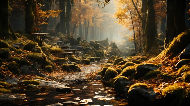 Zdjęcie tajemnicza mgła, piękna przyroda w jesiennym lesie.