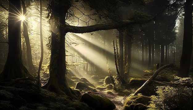 Tajemnicza mgła spowija spokojną jesienną scenę leśną generatywną sztuczną inteligencję