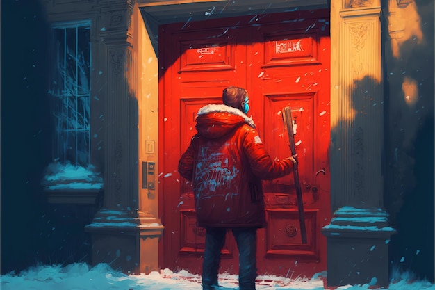Tajemnicza osoba pod czerwoną kurtką trzyma siekierę przed drzwiami ilustracja w stylu sztuki cyfrowej obraz fantasy koncepcja tajemniczej osoby w czerwonej kurtce