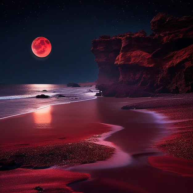 Tajemnicza plaża nocą oświetlona przez czerwony księżyc Generative AI
