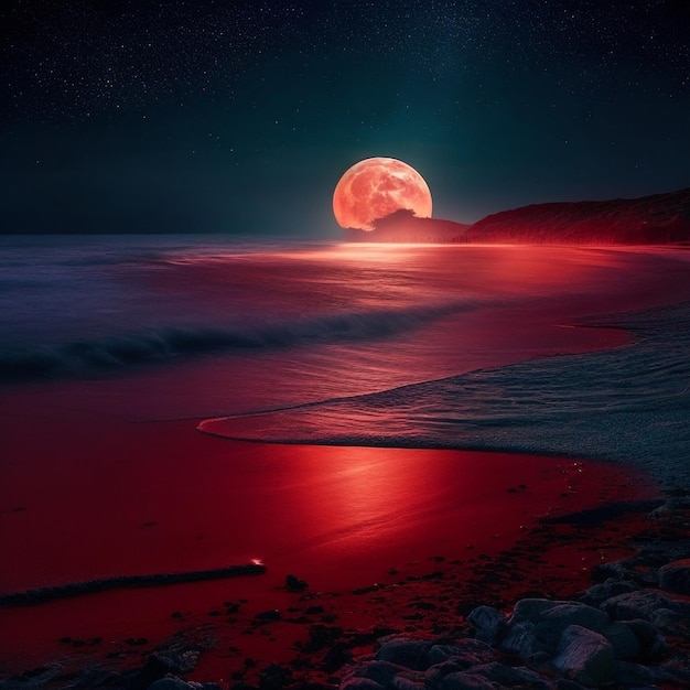 Tajemnicza plaża nocą oświetlona przez czerwony księżyc Generative AI
