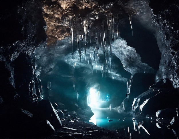 Tajemnicza podziemna jaskinia z świecącymi kryształami i ciemnym podziemnym krajobrazem rzeki