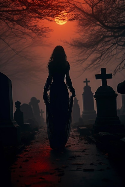 Tajemnicza postać stoi na mglistym cmentarzu pod przerażającym czerwonym zachodem słońca.