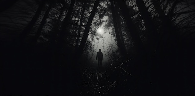 Tajemnicza postać z kapturem na ciemnej leśnej ścieżce w nocy duchowa koncepcja Halloween