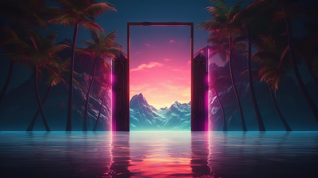 Tajemnicze drzwi lub portal z neonowym światłem w dżungli w stylu fal syntetycznych
