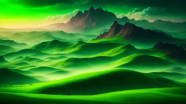 Tajemnicze zielone wzgórza na fantazyjnej planecie Obraz naturalnych cudów i niesamowitego piękna w odległym świecie Kreatywna sztuczna inteligencja generowana