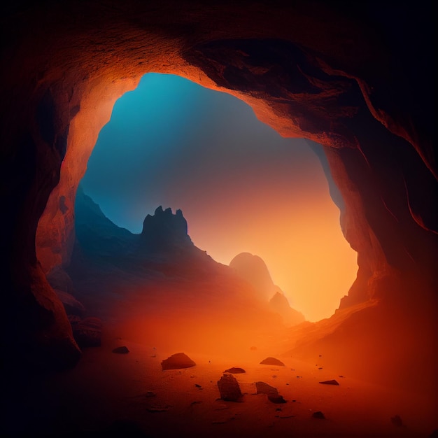 Tajemniczy ciemny krajobraz jaskiń o zachodzie lub wschodzie słońca Generacyjna sztuczna inteligencja