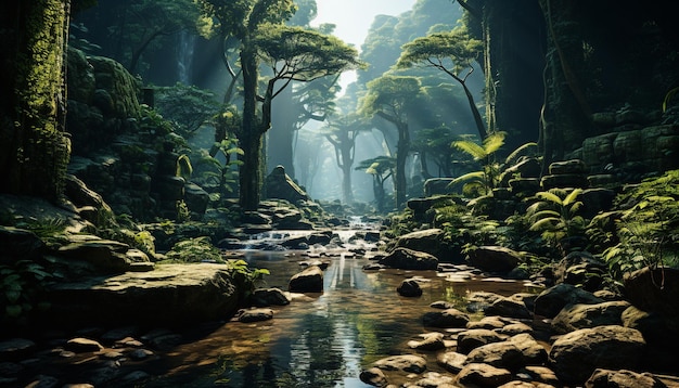 Tajemniczy ciemny las, mokre skały, straszna mgła, spokojna scena przygoda generowana przez sztuczną inteligencję