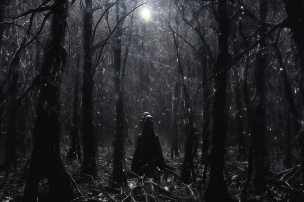 Zdjęcie tajemniczy ciemny las w mgle magiczna atmosfera halloween koncepcja