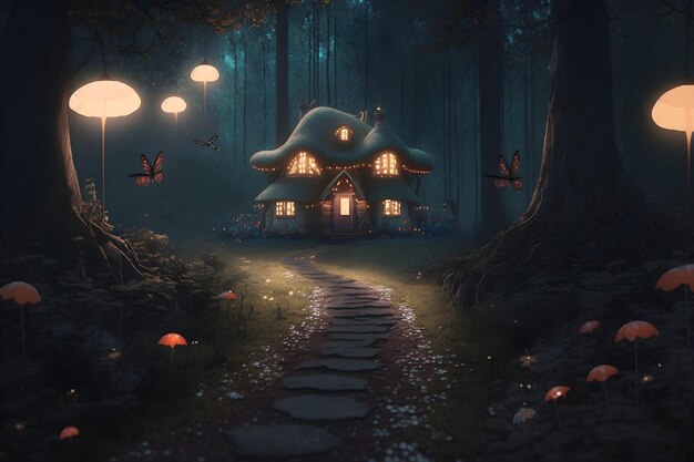Tajemniczy dom w magicznym lesie Bajkowe tło Wygenerowana sztuczna inteligencja