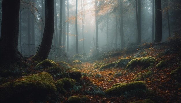 Zdjęcie tajemniczy jesienny las, spokojna scena, żywe kolory generowane przez sztuczną inteligencję