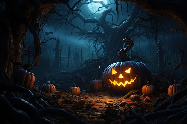 Tajemniczy las z dynią w noc Halloween