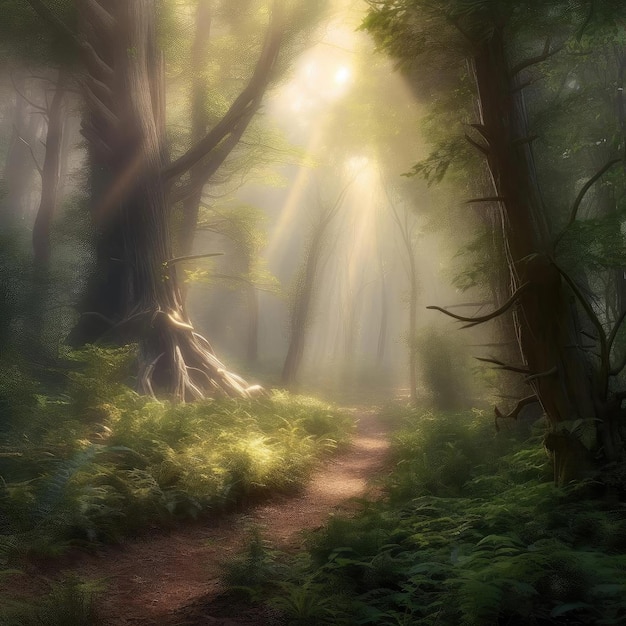Tajemniczy las ze światłem słonecznym w porannym obrazie cyfrowym