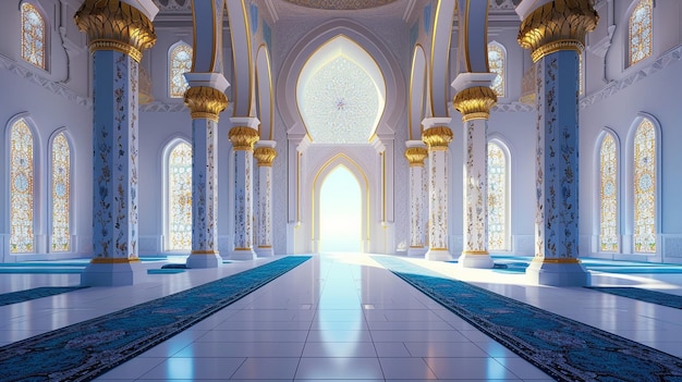 Tajemniczy meczet z białym, niebieskim i żółtym pokojem