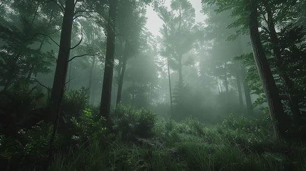 Tajemniczy mgłowy las z wysokimi drzewami