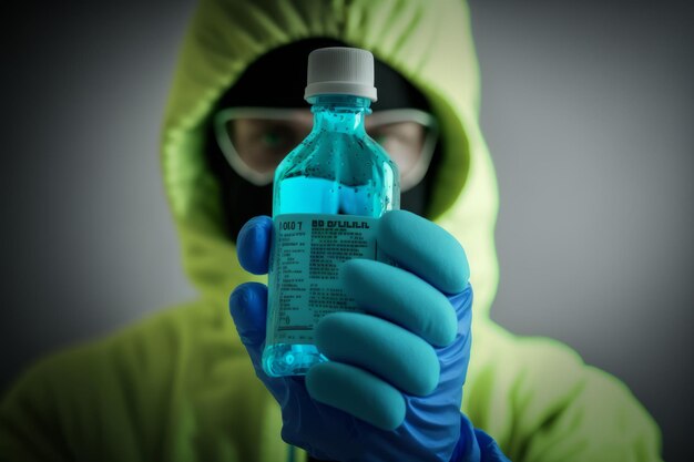 Zdjęcie tajemniczy naukowiec bada niebieski roztwór chemiczny w laboratorium generatywnej sztucznej inteligencji