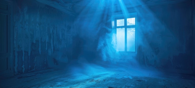 Tajemniczy pokój kąpany w mistycznym niebieskim świetle i cieniu
