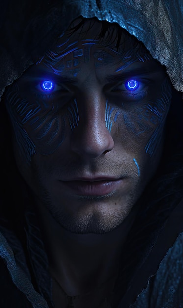 Zdjęcie tajemniczy, potężny żołnierz, nieprzyjaciel, neonowy, z przenikliwymi niebieskimi oczami i ciemną kurtką z kapturem.