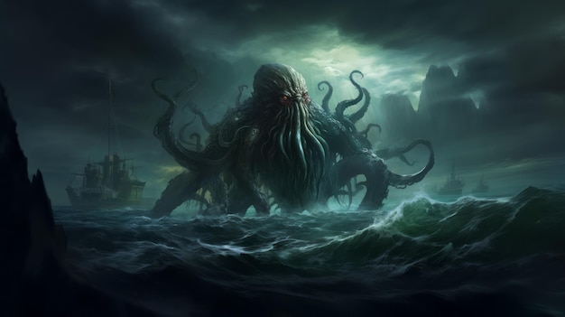 Tajemniczy potwór Cthulhu w morzu atakuje łódź z ogromnymi mackami wystającymi z wodnego krajobrazu