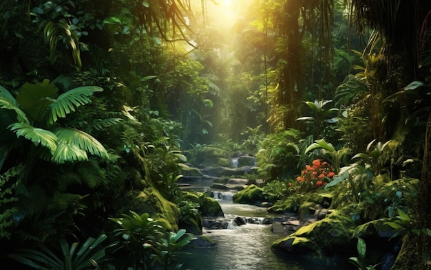 Tajemniczy tropikalny las deszczowy świeci bujną zielenią