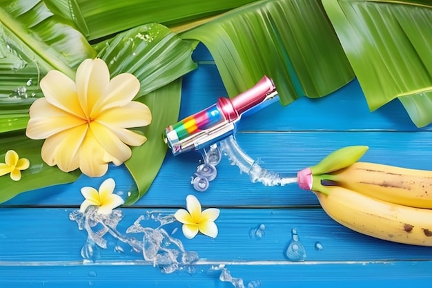Tajlandia festiwal songkran tło z pistoletem wodnym girlanda pachnąca woda i kwiat w srebrnej misce umieszczony na mokrym liście bananu