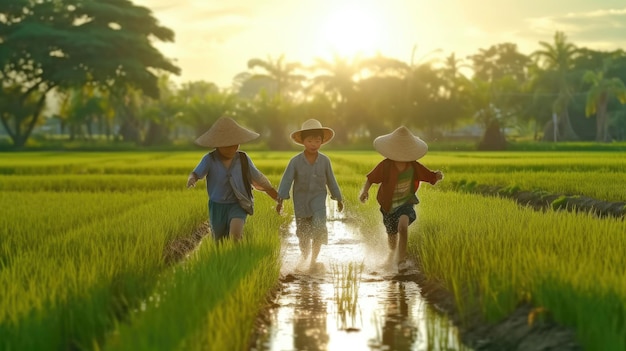 Tajlandzcy rolnicy nawożą pola ryżowe rano