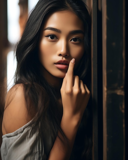 Tajlandzka azjatycka modelka patrząca na kamerę dotykająca ust