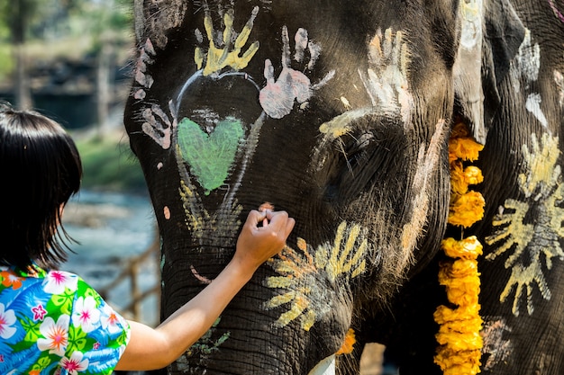 Tajlandzkie słonie witają Festiwal Songkran Elephant Face Painting