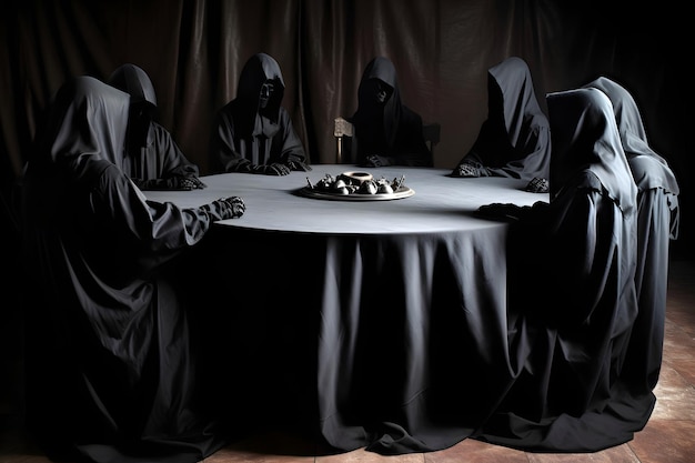 Tajne stowarzyszenie przy okrągłym stole, siedzące w długich czarnych szatach z kapturami i maskami sieci neuronowej