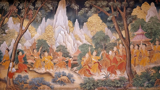 Zdjęcie tajska grafika na ścianie świątyni uogólnienie tajlandii generuj ai