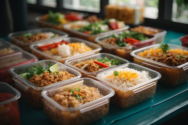 Tajskie jedzenie w pudełku z różnorodnością do dostarczenia klientom jako dostawa nowoczesny komfort