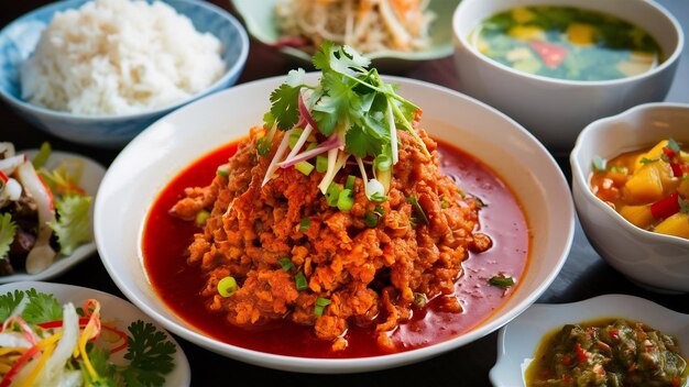 Tajskie jedzeniePikantne mięso wieprzowe podawane z dodatkami
