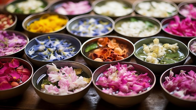 Tajskie miski z wodą kwiatową Elegantne naczynia wypełnione aromatyczną wodą z kwiatami dodającą dotyk o