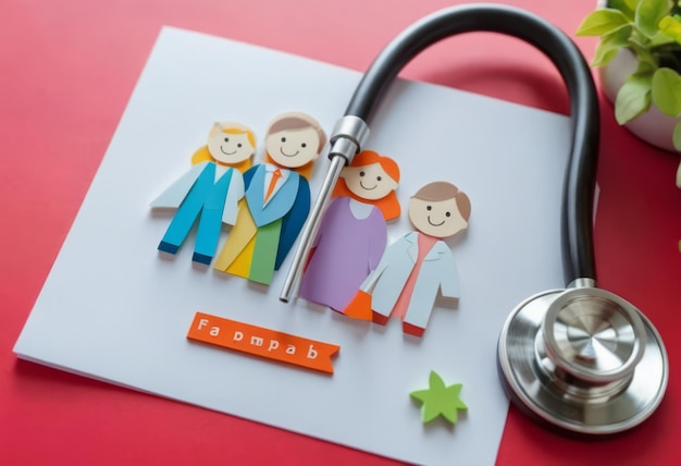 Zdjęcie take out health insurance for family stethoscope paper heart and silhouette of family on wooden background top view