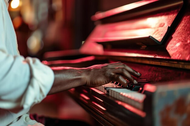 Talentowany Afroamerykanin gra na pianinie w barze jazzowym Generate Ai