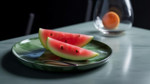 Talerz arbuza na zielonym talerzu z owocami w tle.