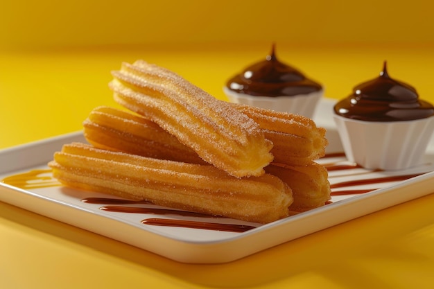 Zdjęcie talerz churros z sosem czekoladowym i śmietaną