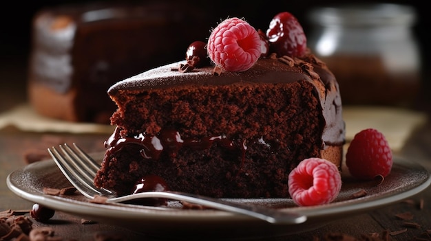 Talerz ciasta czekoladowego z malinami na nim