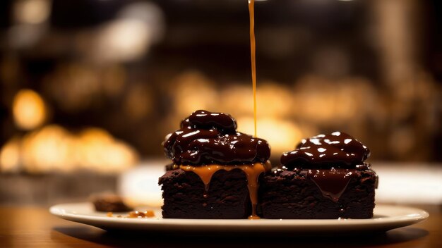 Zdjęcie talerz ciastek czekoladowych z sosem karmelowym wylewa się na nie.