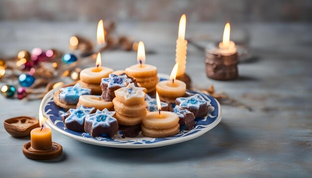 Zdjęcie talerz cupcakes z świecami oświetlonymi na tle