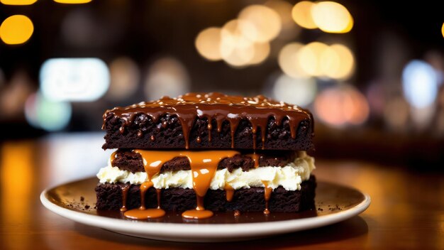 Zdjęcie talerz czekoladowych ciasteczek z karmelową posypką na wierzchu.