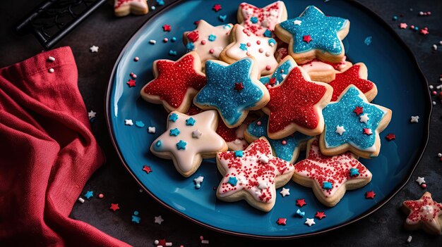 Talerz czerwono-białych i niebieskich patriotycznych ciasteczek z gwiazdami