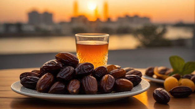 talerz daktyli z szklanką wody ramadan ifter zdjęcie