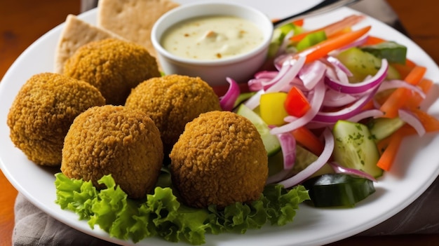 Talerz falafel z miską sałatki i miską sałatki.