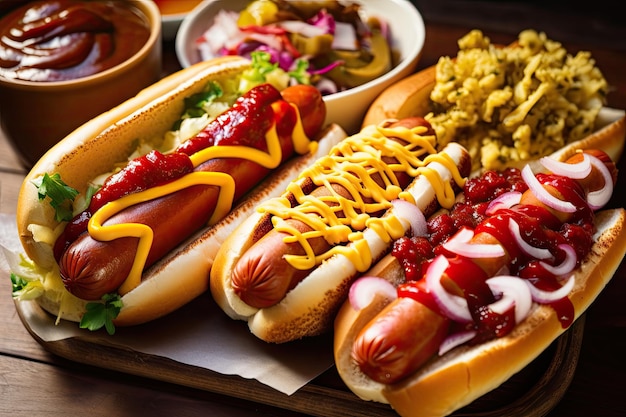 Talerz hot dogów ułożony w stos z różnymi dodatkami, w tym musztardą ketchupową i smakiem